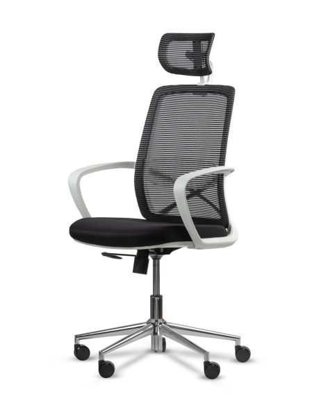 Silla de Oficina Blanca con Cabezal - Equis Rolic con Apoyo Lumbar