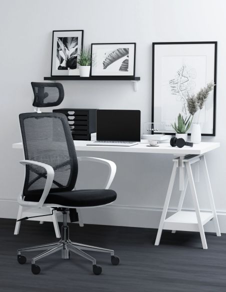 Silla de Oficina Blanca con Cabezal - Equis Rolic con Apoyo Lumbar