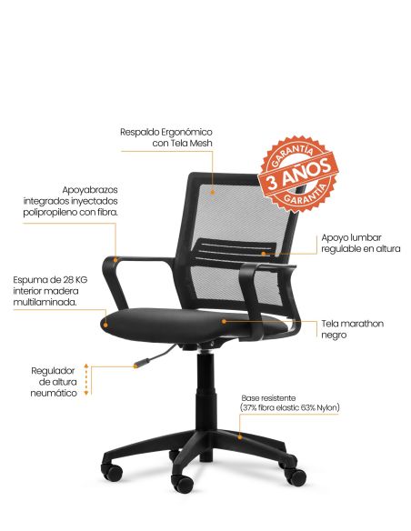 Silla Oficina Link Ergonomica Negra Soporte Lumbar Giratoria Respaldo Tapizado Red Mesh Regulable En Altura