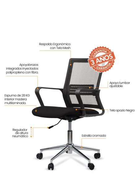 Silla de Trabajo LINK Rolic Negra Neumática con base Cromada